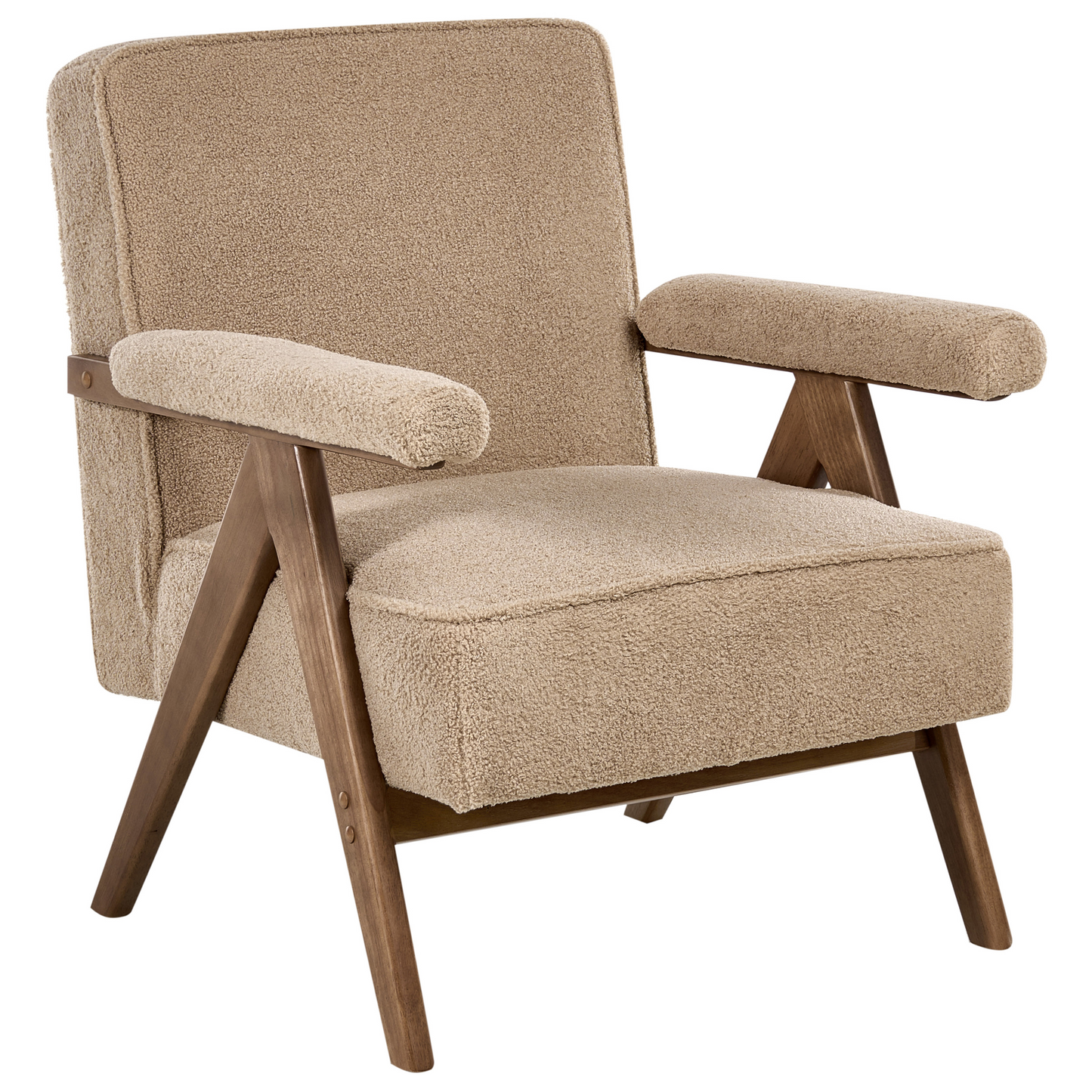 Armchair Sand Beige Boucle Upholstered With Retro Wooden Frame And Pillow Armrests