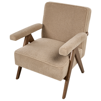 Armchair Sand Beige Boucle Upholstered With Retro Wooden Frame And Pillow Armrests