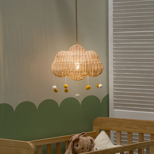 Cloud Pendant Lamp Natural Rattan Hand Woven Shade Soft Cloud Shape For Cozy Kids Bedroom Ceiling Light