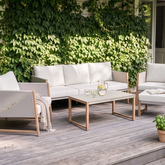 5 Seater Garden Sofa Set With Cushions Ottoman Glass Table