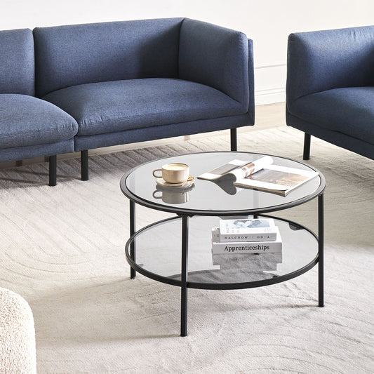 Round Coffee Table 80cm Black Tempered Glass Mirrored Shelf