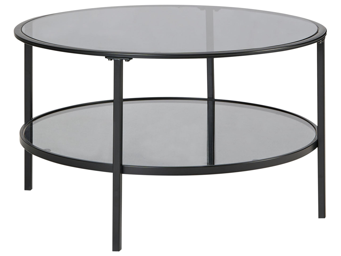 Round Coffee Table 80cm Black Tempered Glass Mirrored Shelf