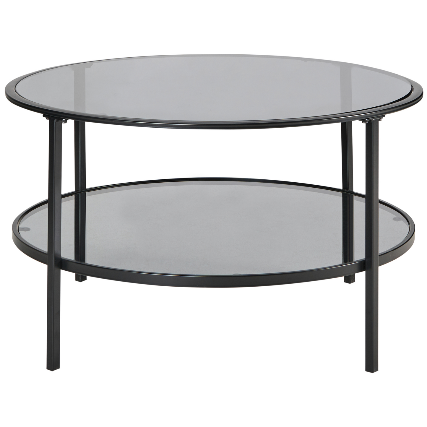 Round Coffee Table 80cm Black Tempered Glass Mirrored Shelf
