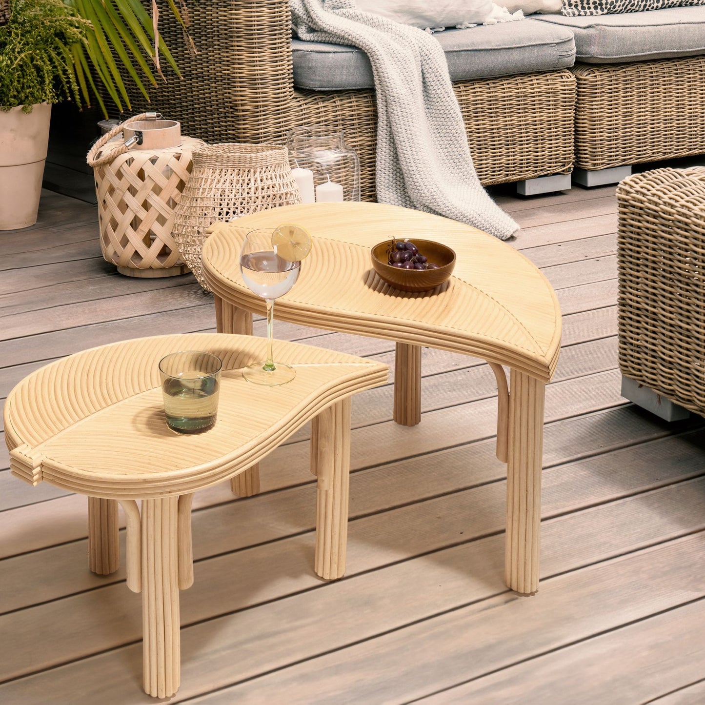 Nest Of 2 Coffee Tables Natural Rattan Leaves Design