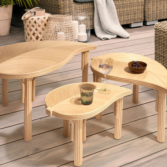 Natural Rattan Nest Of 3 Coffee Tables Set For Indoor Outdoor Living Boho Leaf Design