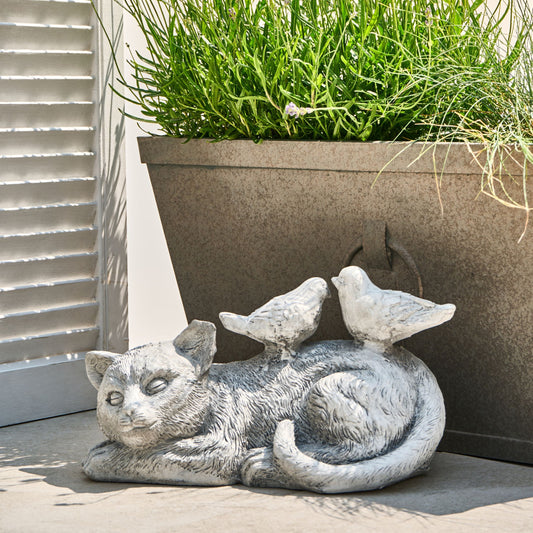 Home Grey Cat Figurine With Birds 22cm Indoor Outdoor Decor