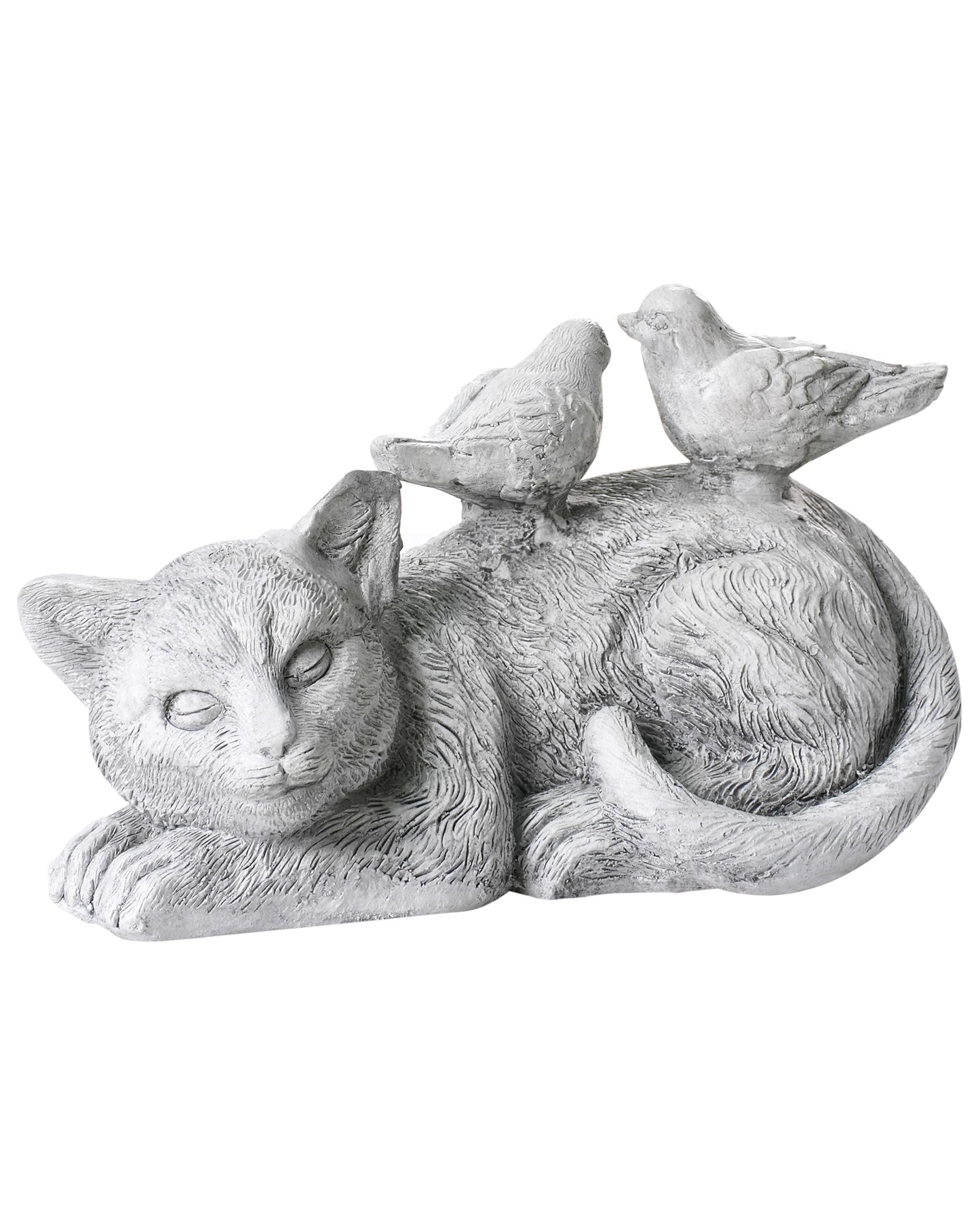 Home Grey Cat Figurine With Birds 22cm Indoor Outdoor Decor