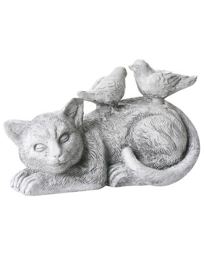 Home Grey Cat Figurine With Birds 22cm Indoor Outdoor Decor