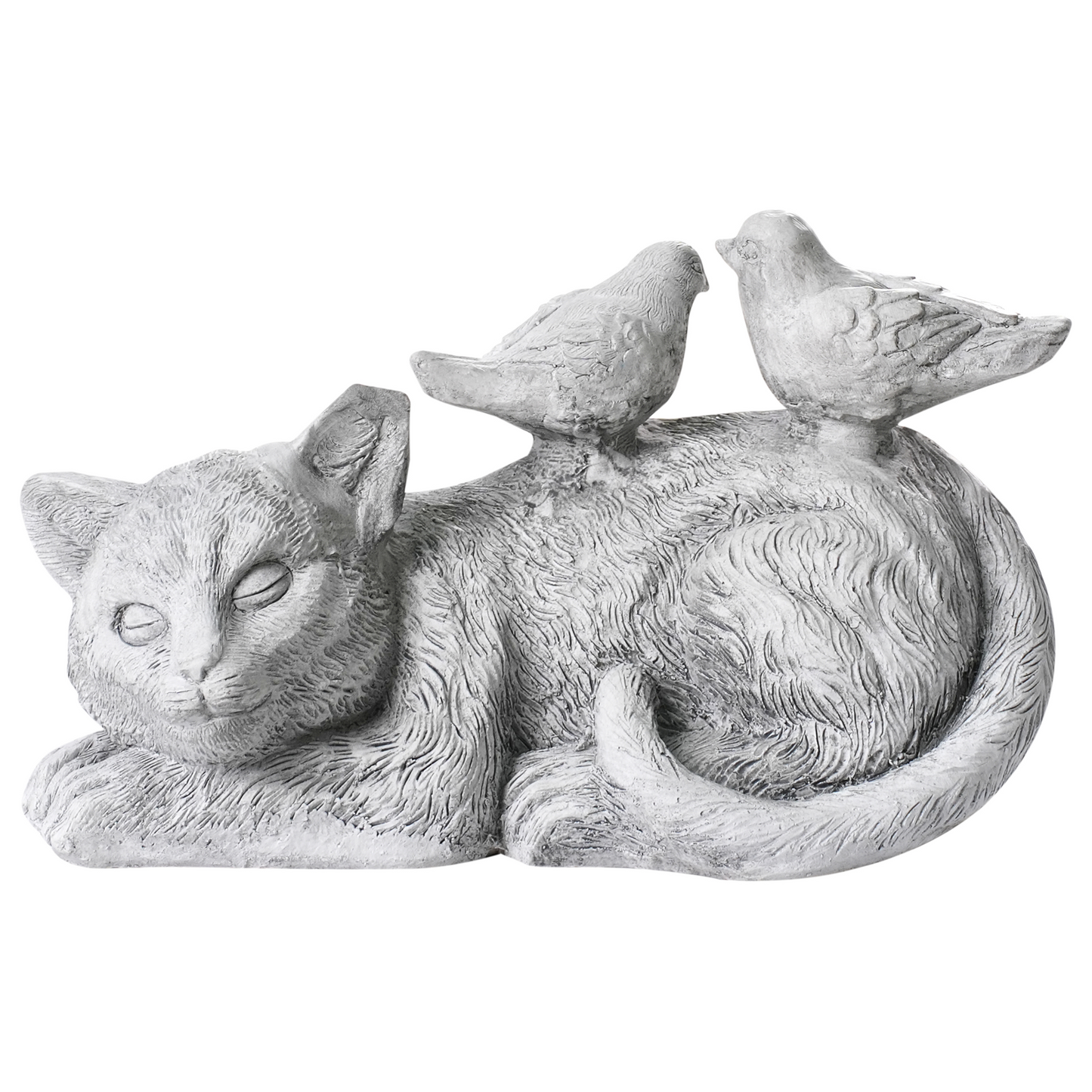 Home Grey Cat Figurine With Birds 22cm Indoor Outdoor Decor