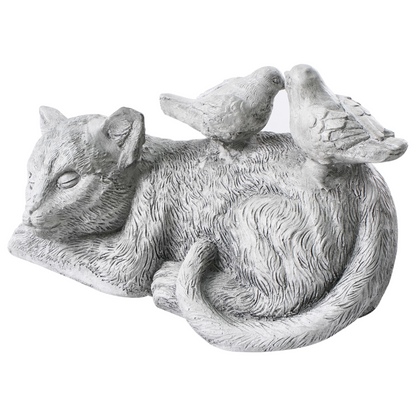 Home Grey Cat Figurine With Birds 22cm Indoor Outdoor Decor