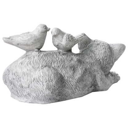 Home Grey Cat Figurine With Birds 22cm Indoor Outdoor Decor